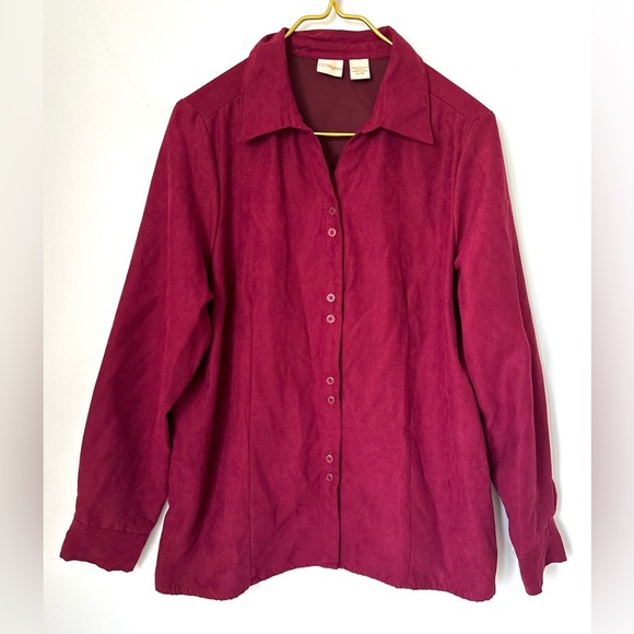 Vintage CC Hughes Maroon Pink Faux Suede Long Sleeve Button Up Shirt Women’s XL - Picture 1 of 5